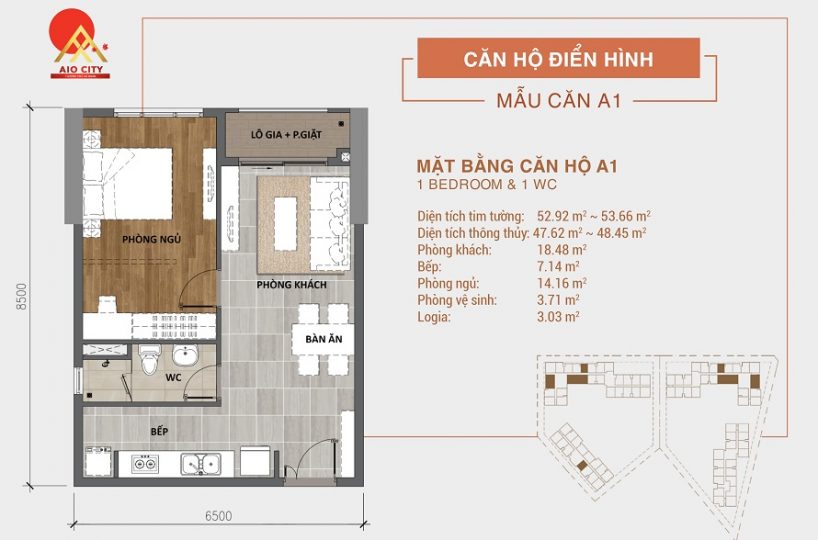 Căn hộ A1 Aio City Bình Tân 1PN