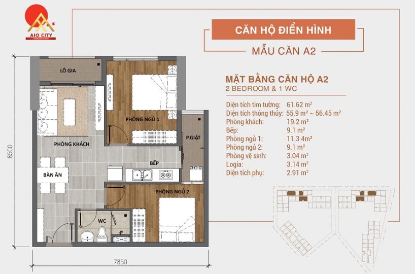Căn hộ A2 Aio City Bình Tân 2PN 1WC