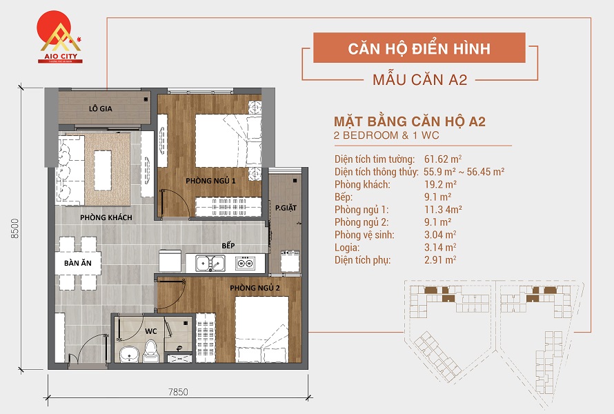 Căn hộ A2 Aio City Bình Tân 2PN 1WC