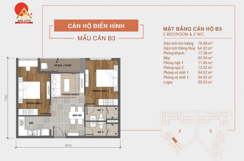 Căn hộ B3 Aio City Bình Tân 2PN 2WC
