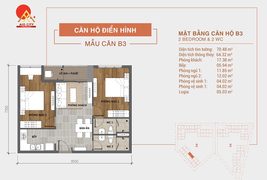 Căn hộ B3 Aio City Bình Tân 2PN 2WC