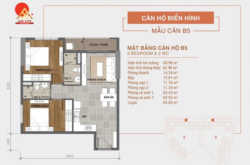 Căn hộ B5 Aio City Bình Tân 2PN 2WC