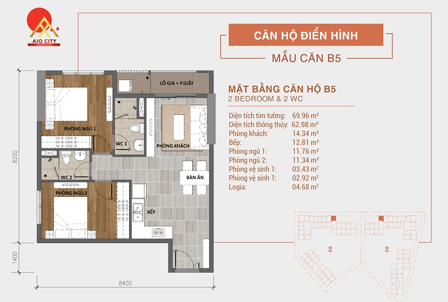 Căn hộ B5 Aio City Bình Tân 2PN 2WC