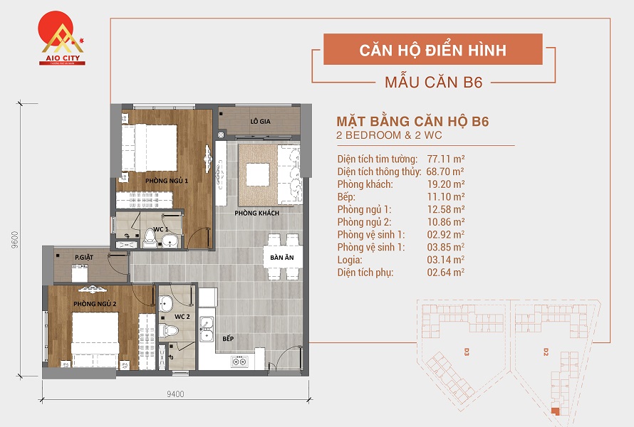 Căn hộ B6 Aio City Bình Tân 2PN 2WC