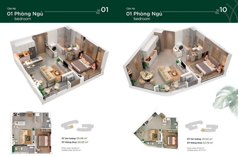 Mặt bằng Căn hộ 1 phòng ngủ Thảo Điền Green Quận 2