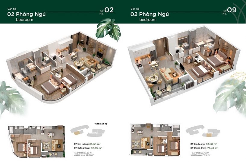 Mặt bằng Căn hộ 2 phòng ngủ Thảo Điền Green Quận 2