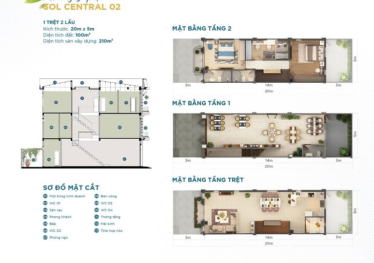 Mặt bằng shophouse Sol Central 02 dự án The Sol City
